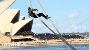 Moment man appears to try and scale cruise ship in Sydney