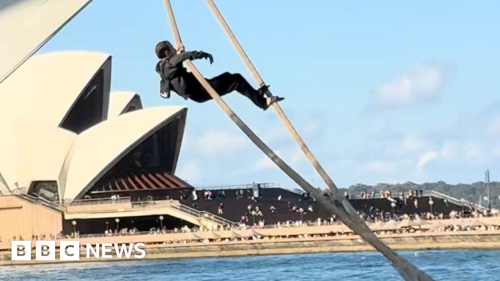 Moment man appears to try and scale cruise ship in Sydney